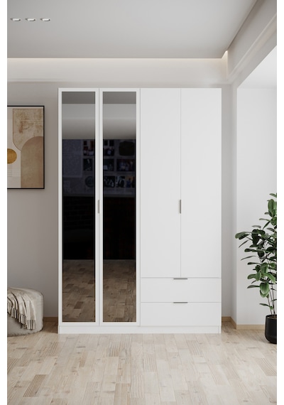 Evdemo Yakut Aynalı 4 Kapaklı 2 Çekmeceli Gardırop 210 Cm Beyaz