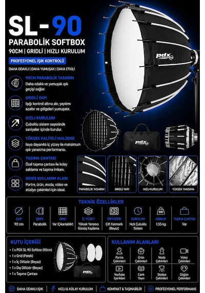 Pdx Sl-90 Softbox 90cm Parabolik Gridli Kolay Kurulum