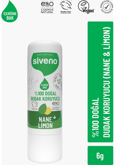 Siveno %100 Doğal Dudak Koruyucu Nane & Limon Bitkisel Lip Balm Krem Nemlendirici Parlatıcı Onarıcı 6 G