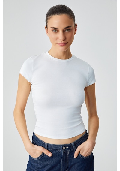 Grimelange HOPEWELL Kadın Yuvarlak Yaka Örme Slim Fit Beyaz T-Shirt