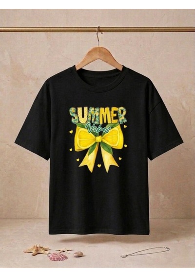Sarı Limon Ve Fiyonk Baskılı Oversize Kompak T-shirt Siyah