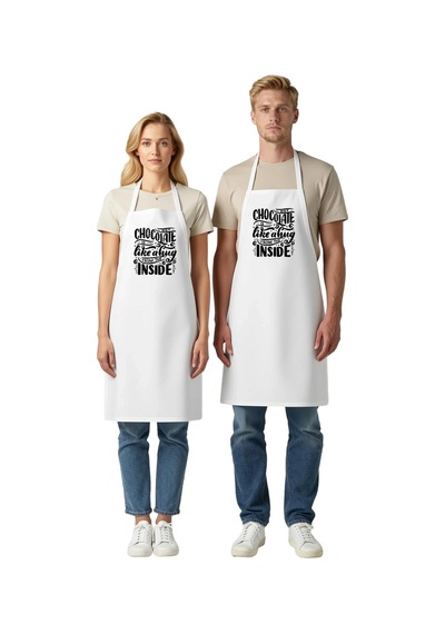 Unisex Mutfak Önlüğü Çikolata Baskılı Vintage Tasarım Rahat Kesim Beyaz