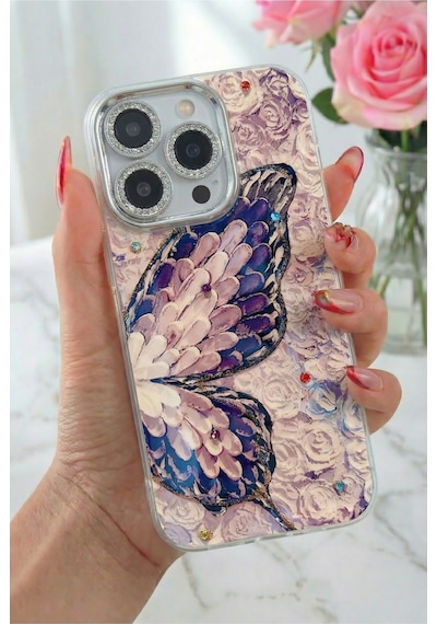 Fibaks iPhone 16 Pro Uyumlu Kılıf Renk Geçişli Taşlı Kamera Lens Korumalı Simli Mor Kelebek Desenli Darbe Emici