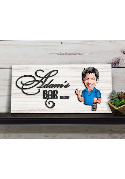 Bk Gift Kişiye Özel Karikatürlü Kabartma Tasarım Antik Beyaz Ahşap Bar Tabelası, Home Bar Tabela, Rustik Ev Dekorasyonu, Duvar Dekoru-6