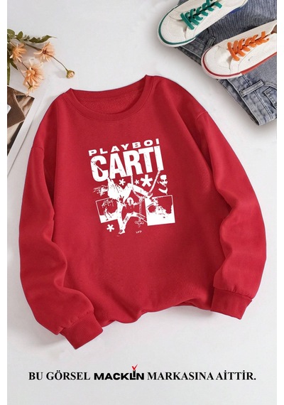 Macklin Unisex Kadın Erkek Playboi Carti Özel Tasarım Baskılı Bisiklet Yaka Sweatshirt Kırmızı Mck1297 Kırmızı