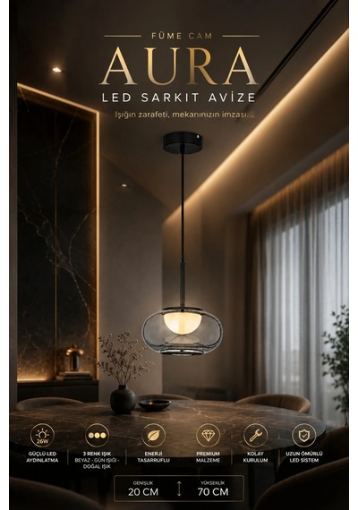 Modern Premium Tekli Füme Cam 3 Renkli Ledli Sarkıt Avizesi Salon Mutfak Şık Modelleri 26w Siyah