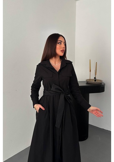 Alemdarshop Siyah Düğmeli Poplin Elbise - Siyah