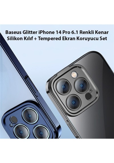 Baseus Glitter Apple Uyumlu   iPhone 14 Pro 6.1 Renkli Kenar Silikon Kilif + Tempered Ekran Koruyucu Set - Mavı