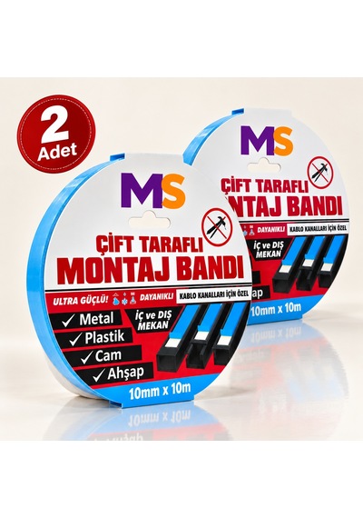2 Adet Ultra Güçlü 10 Mm X 10 Mt Çift Taraflı Köpük Montaj Bandı Metal Plastik Cam Bantı Bantları