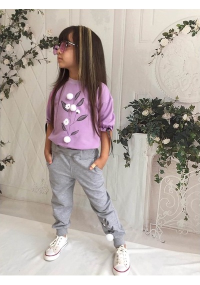 Quzucuk Kids Kız Çocuk Pamuk Figürlü Mor Eşofman Takımı Mor