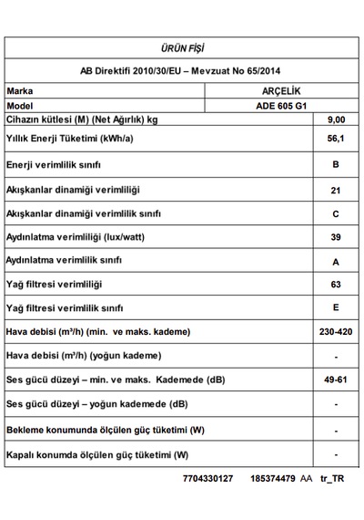 Arçelik ADE 605 G1 Ankastre Duvar Tipi Davlumbaz