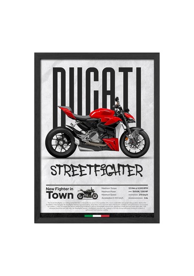 Ducati Street Fighter V4 Siyah Ahşap Çerçeveli Poster, Dekoratif Motosiklet Duvar Tablosu