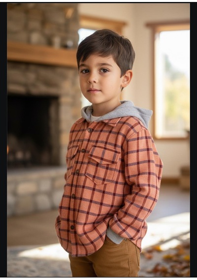 Gala Kolu Lastkli Kapüşonlu Çizgili Unisex Çocuk Gömlek Hardal