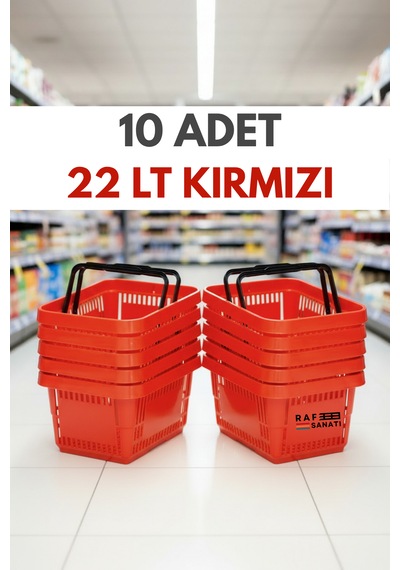 10 Adet / 22 Litre Plastik Market Alışveriş Sepeti Profesyonel Market Mağaza El Sepeti Kırmızı