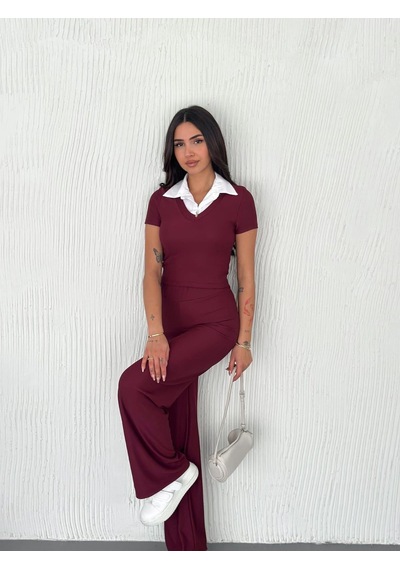 Elaxi Ottoman Kumaş Gömlek Garnili Crop-pantolon İkili Takım Bordo Elaxi Ottoman Kumaş Gömlek Garnili Crop-pantolon İkili Takım Bordo