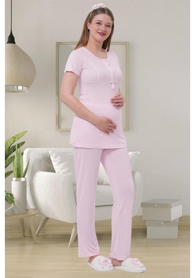Mecit Pijama Mecit 1541 Bayan Hamile Lohusa Pembe Uzun Sabahlık Pijama Takımı