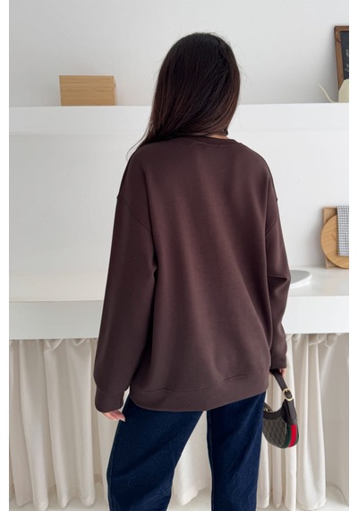 Femelle Kahverengi Modal Kumaş Basic Sweatshirt