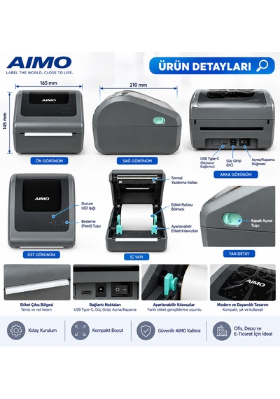 Aimo D450-bt Bluetooth Termal Etiket Yazıcı 203 Dpı 150 Mm/sn  Barkod Ve Qr Kod Usb Yazıcısı