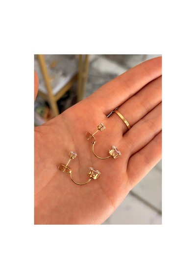 Tek Taş Model Gold Detaylı Tasarım Küpe Altın
