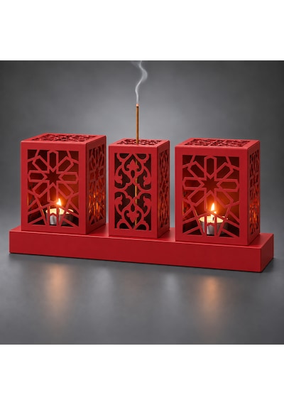 Lazer Kesim Metal Tealight Mumluk Ve Tütsülük Seti Geometrik Selçuklu Yıldızı Motifli Modern Ev Dekoru Benzersiz Masa Süsü Ve Hediye Kırmızı