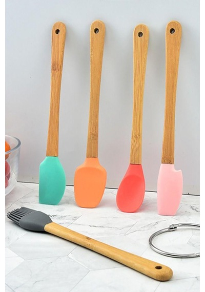 5 Parça Mini Silikon Spatula Kaşık Fırça Seti - High Quality - Bambu Saplı Karışık