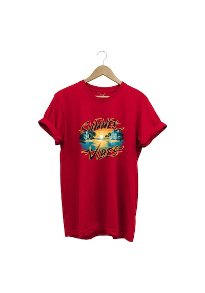 Summer Vibes Baskılı Yazlık Tatil Deniz %100 Pamuk Regular Fit Bisiklet Yaka Kırmızı T-shirt Kırmızı