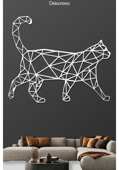 Geometrik Kedi Metal Duvar Tablosu - Metal Duvar Sanatı - Beyaz - 30 X 30 Cm