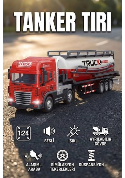 1:24 Ölçek Diecast Metal Kafa Işıklı Ve Sesli Oyuncak Tanker Tırı - Ayrılabilir Dorseli Model Araba