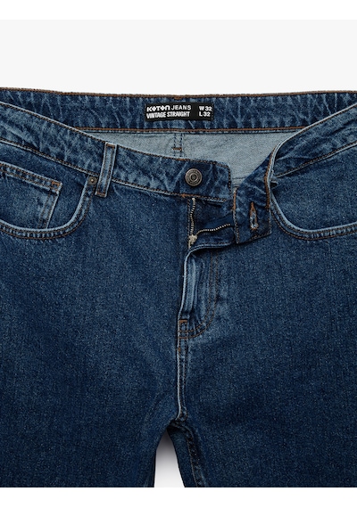 Koton Normal Bel Cepli Pamuklu Vintage Straight Fit Jean Pantolon Orta İndigo 7wam40148nd