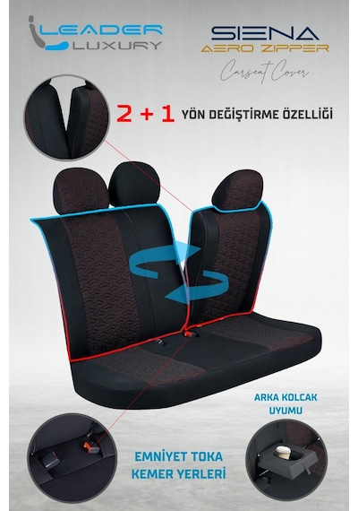 Mitsubishi Lancer Evolution Deri Detaylı Oto Koltuk Kılıfı Ön Arka Set Siyah Kırmızı Siena Seri Şhn
