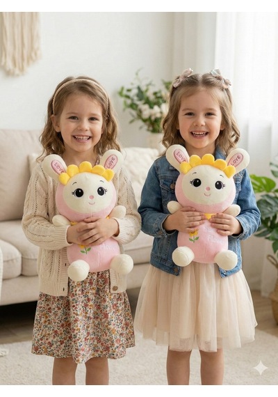 35 Cm Ayçiçeği Kostümlü Pembe Peluş Tavşan - Yumuşak Uyku Arkadaşı - Sun Flower Nakışlı Beyaz - Pembe