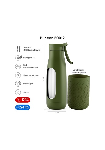 Puccon 500 Ml Pipetli Haki Çelik Matara/termos - Silikon Gövdeli Plus - 50012