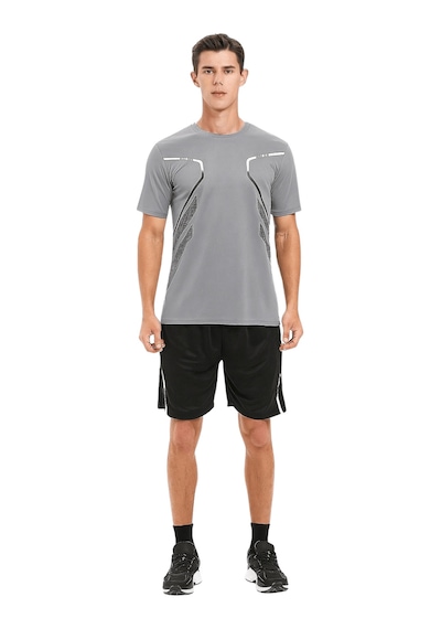 Genius Store Erkek Spor Tişört Antreman Gym Polyester Erkek Sporcu T-shirt Şeritli-tişört Gri