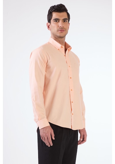 Dufy Somon Erkek Slim Fit Düz Brent Düğmeli Yaka Uzun Kol Gömlek - 102484 Somon