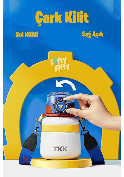 Tkk 600 Ml Çelik Su Matarası Çift Kullanım Pipetli/rahat İçim 12 Saat Sıcak/24 Saat Soğuk Termos -2029-600ml Mavi