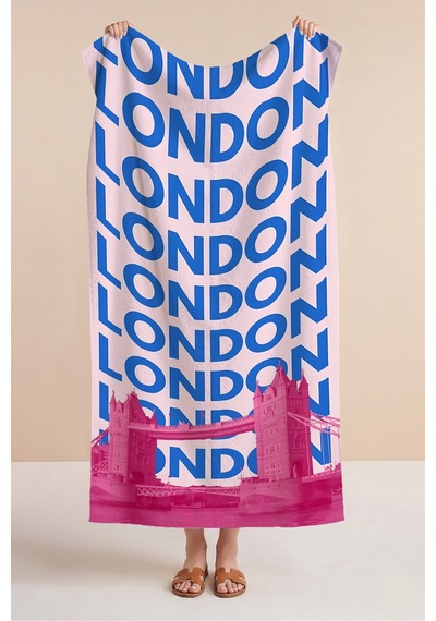 Londra Temalı Şehir Manzaralı Plaj Havlusu - Tipografik Pembe Mavi Hızlı Kuruyan Mikrofiber Havlu Donuk İncisi