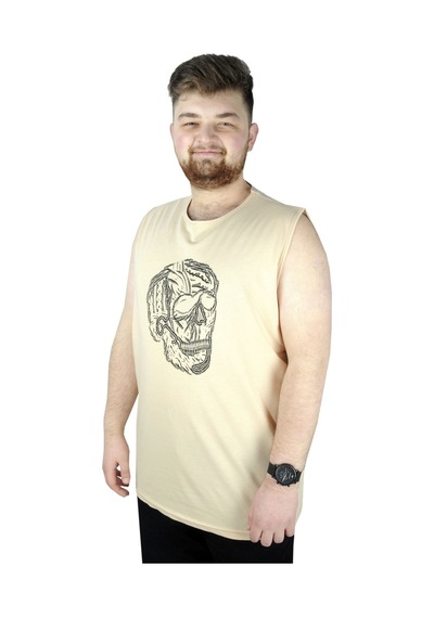 Mode Xl Büyük Beden Erkek Kolsuz Tshirt Skull 22124 Bej 001