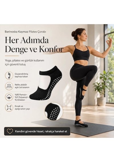 Womanandkids Wak Kaymaz Taban 3'lü Yoga Ve Pilates Çorabı Siyah Kadın, Silikon Tabanlı Nefes Alabilir Bilek Bantl