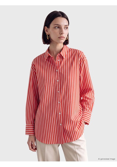 Lcw Modest Kırmızı Çizgili Oversize Kadın Gömlek Tunik