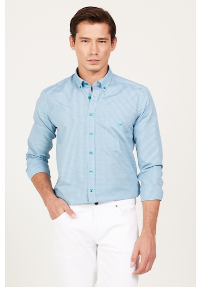 AC&Co / Altınyıldız Classics Erkek Lacı-yesıl Slim Fit Dar Kesim Düğmeli Yaka Logolu Cepli Pamuklu Çizgili Gömlek Lacivert - Yeşil