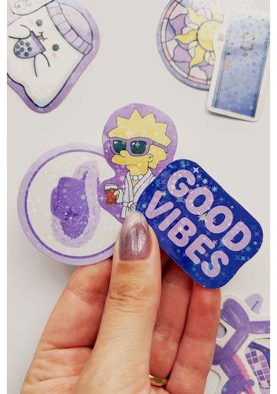 Mor Renk Temalı Hologram Stickerlar 21 Adet Sticker Paketi Suya Dayanıklı Laptop Termos Telefon Etiket Seti
