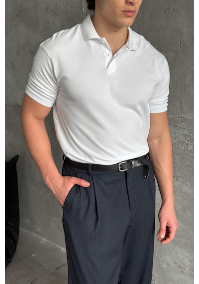 Erkek %100 Pamuk Düğmeli Polo Yaka T-shirt Beyaz