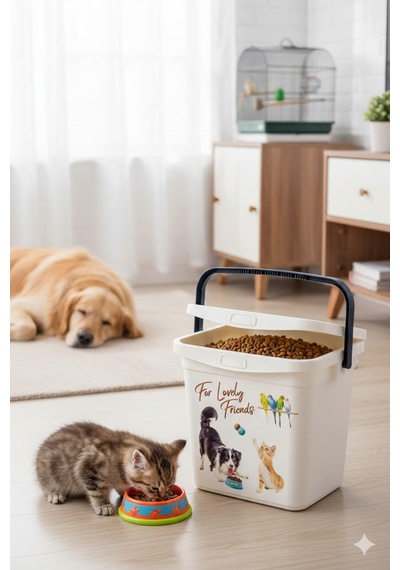Evcil Hayvan Mama Kovası 6 Litre - Kapaklı Ve Kulplu Kedi Köpek Mama Saklama Kabı