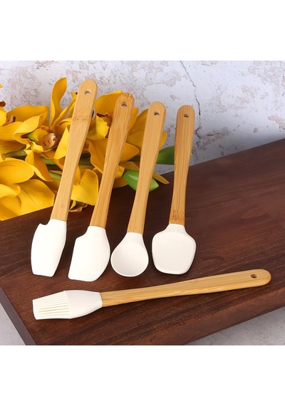 Mien 5 Li Mini Silikon Spatula Seti Bambu Saplı Pratik Mutfak Yardımcısı Krem