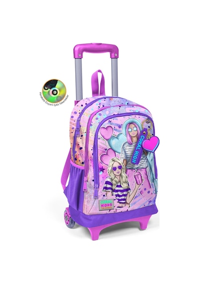 Coral High Kids Pembe Mor Fashion Girl Desenli Üç Bölmeli Çekçekli Okul Sırt Çantası 23955