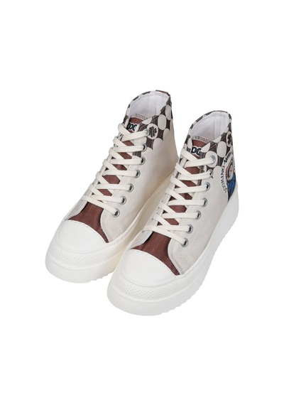 Kadın Vegan Bej Kalın Taban High Sneakers - Dooking Around Tasarım Çok Renkli