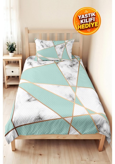 Geometrik Mermer Turkuaz Genç Odası Tek Kişilik Pike Takımı - Gold 160x220 Cm Kapitone Yatak Örtüsü Kabuğu Dal Zemini