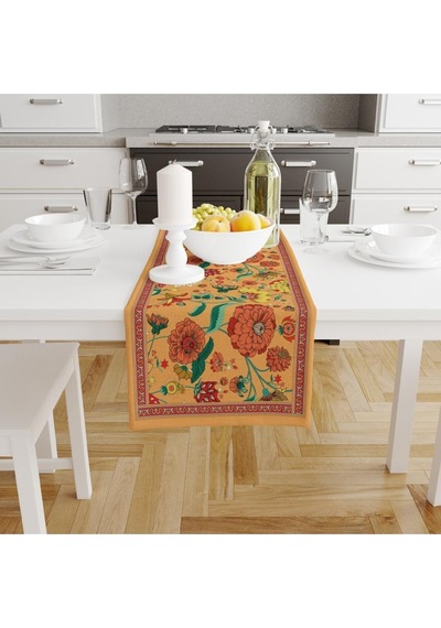 Orange Daisy Flowers Runner 140x45cm Ince Keten, Uluslararası Yıkama Ve Solmama Sertifikası Çok Renkli