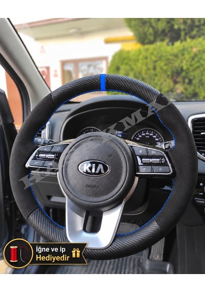 Kia Soul Dikme Direksiyon Kılıfı Alcantara Süet Mat Karbon Mavi Yüzük Ve Dikiş 2014-2019 Siyah