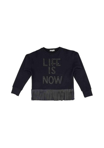 Kız Çocuk Püskül Deri Detaylı Sweatshirt-13504 Siyah